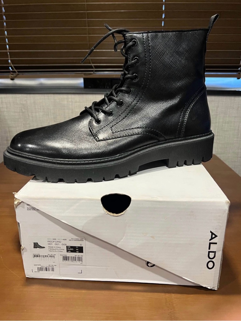Aldo Black Leather Lace-Up Lug Sole Boot